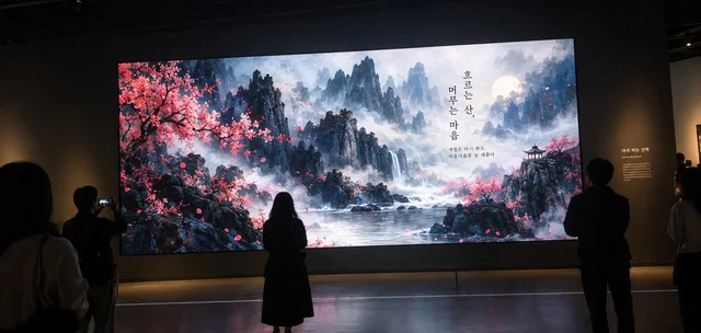 미디어아트 전시실 LED 화면에 수묵 풍경 영상이 흐르고 관람객이 감상하는 모습