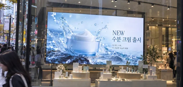 화장품 매장 쇼윈도 유리 안쪽 LED 화면에 신제품 영상이 나오는 모습을 거리에서 본 장면
